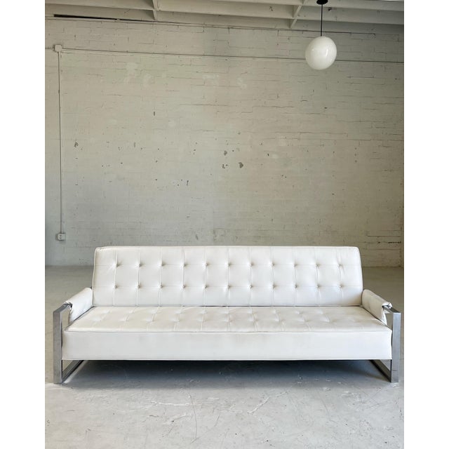 Mid Century Tufted White Vinyl and Polished Chrome Sofa Chairish