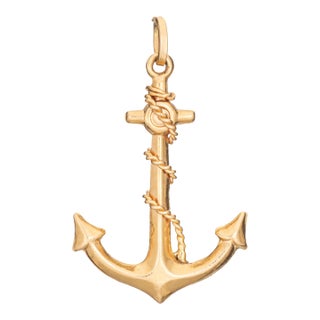 Late 20th Century Vintage Ships Anchor Charm 18k Yellow Gold Pendant Fine Nautical Jewelry Rope For Sale