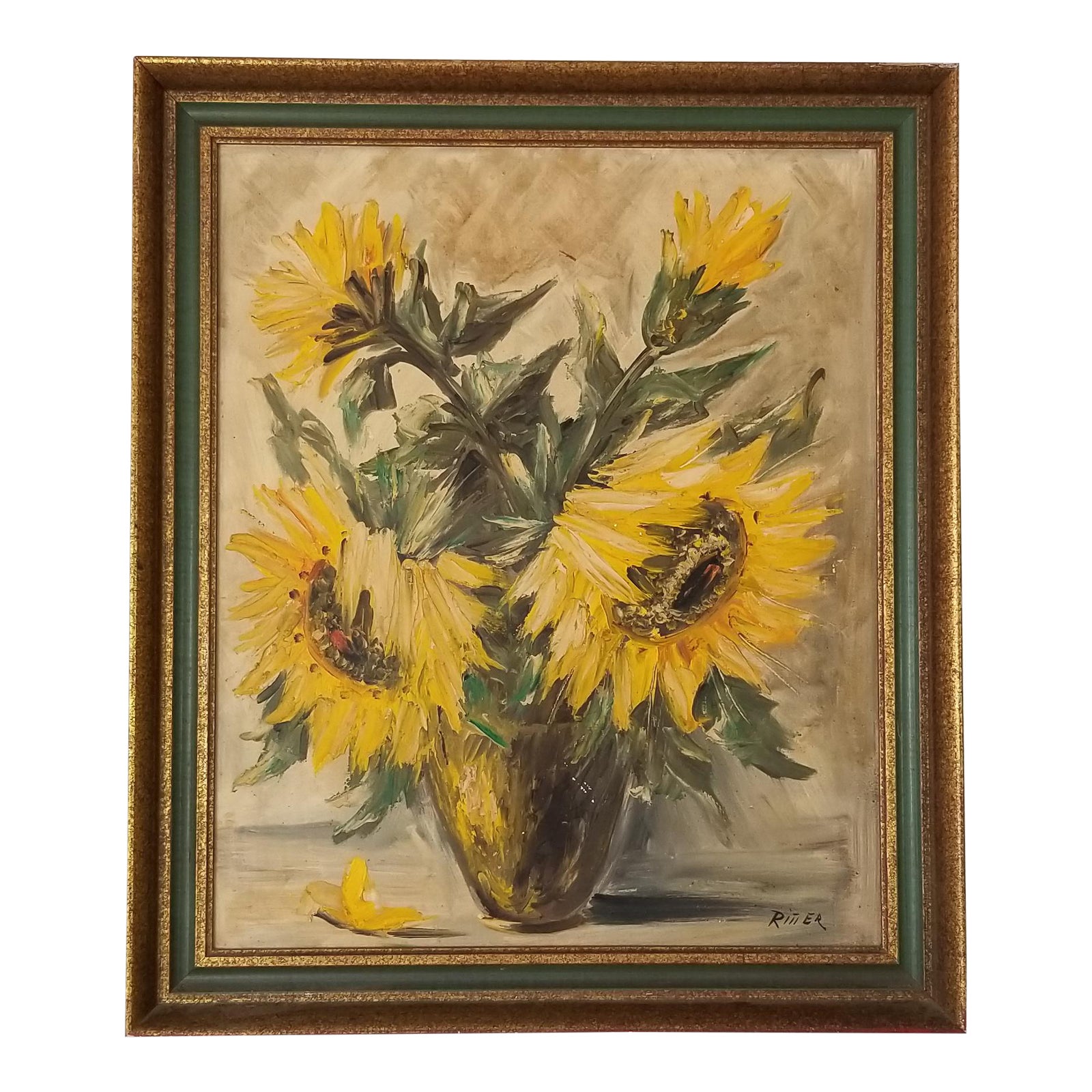 Austrian Artist Leo Ritter Still Life Sunflowers Oil on Canvas Painting