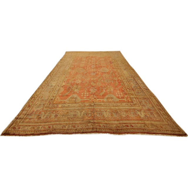 Early 20th Century Early 20th Century Antique Oushak Carpet, Oriental Rug, Handmade Rug Saffron, Light Blue and Coral For Sale - Image 13 of 13