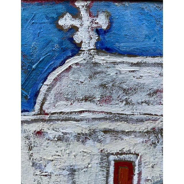 Sky Blue Vintage Framed Oil on Canvas of Mediterranean Stairway With Bougainvillea, Signed For Sale - Image 8 of 12