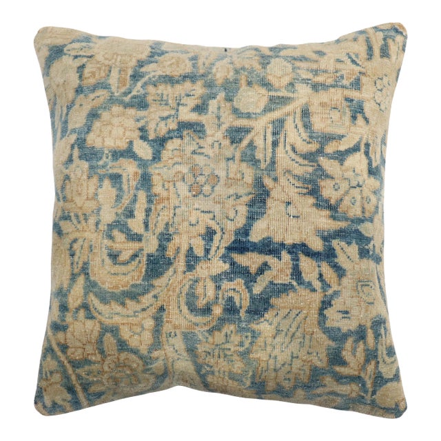 Antique Zabihi Collection Persian Blue Tan Kerman Rug Pillow - 1'4" x 1'4" For Sale