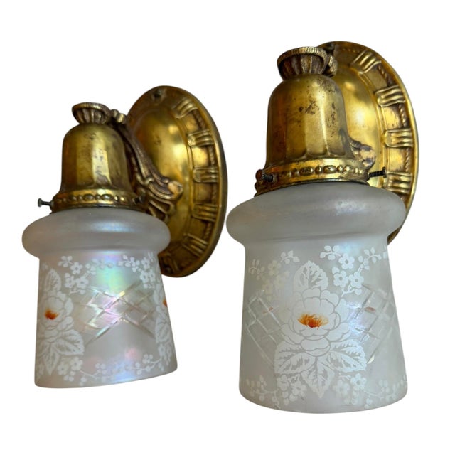 Metal 1920s Victorian Wheel Cut Etched Flower Wall Sconces on Original Brass Holders - Pair For Sale - Image 7 of 7