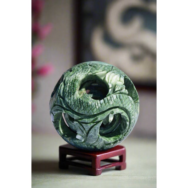 Stone Chinese Carved Jade Dragon Puzzle Ball For Sale - Image 7 of 9