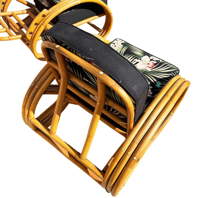 Yellow 1950s Restored MCM 3-Strand 3/4 Reverse Pretzel Rattan Lounge Chair& Ottoman Pair For Sale - Image 8 of 8