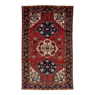 Hand-Knotted Shiraz Wool Rug in Red With Floral Design For Sale
