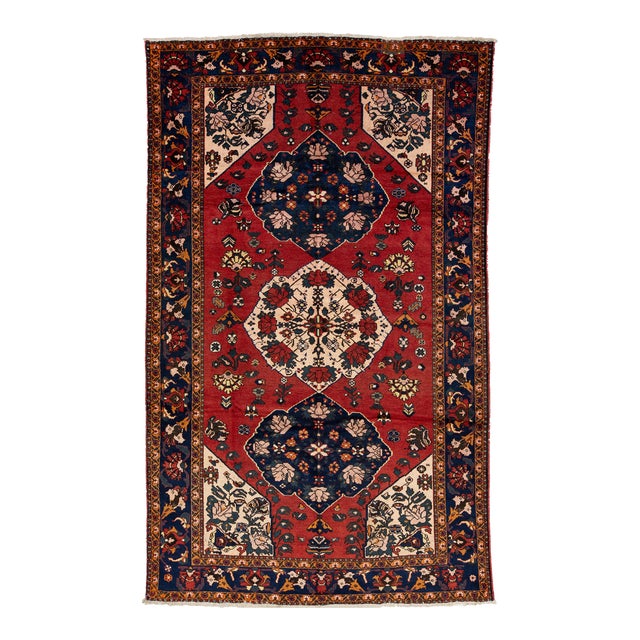 Hand-Knotted Shiraz Wool Rug in Red With Floral Design For Sale