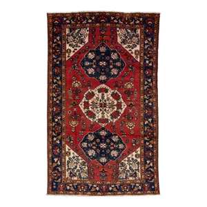 Hand-Knotted Shiraz Wool Rug in Red With Floral Design
