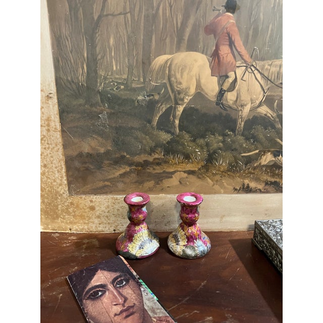 Mid-Century Modern Pair of Dark Pink Floral Ceramic Candlestick Holders For Sale - Image 3 of 5