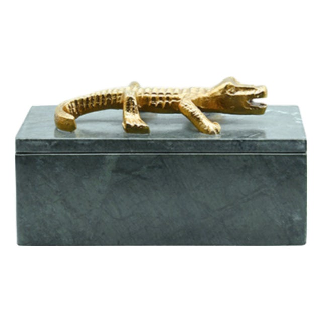 Matthew Izzo Home Allie Green Marble Box With Brass Alligator Handle For Sale