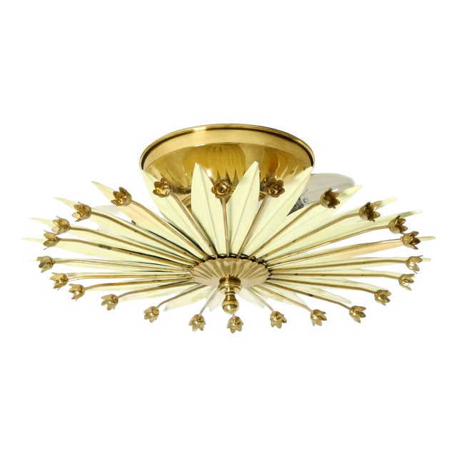 Small Vintage Brass and Metal Sunburst Ceiling Lamp, 1950s For Sale