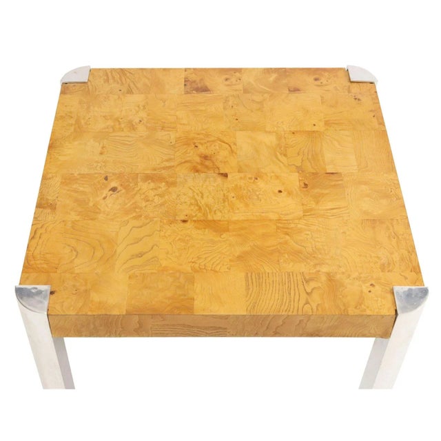 Pace Collection 1970s Vintage Milo Baughman Style Burlwood and Chrome Square Coffee Table For Sale - Image 4 of 7