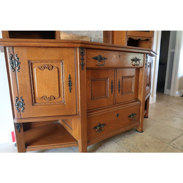 Black Antique Oak Sideboard Buffet With Leaded Glass Cabinets & Mirror For Sale - Image 8 of 12