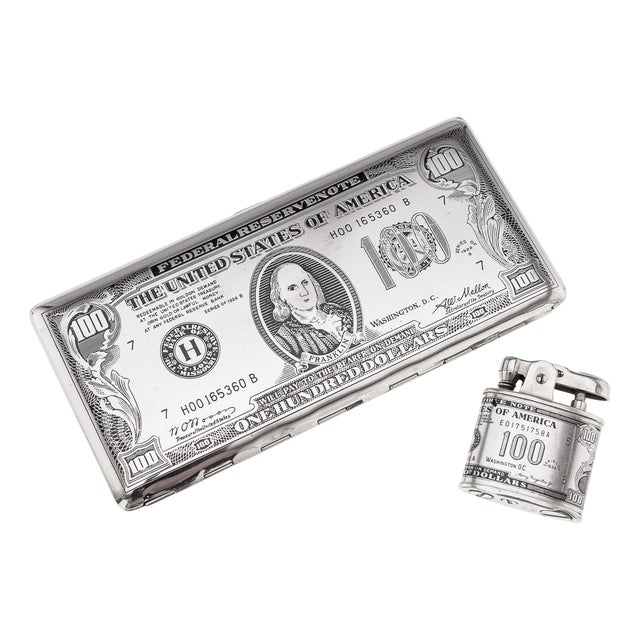 20th Century American Silver-Plated Cigarette Case & Lighter Shaped as a Hundred Dollar Bill , Set of 2 For Sale