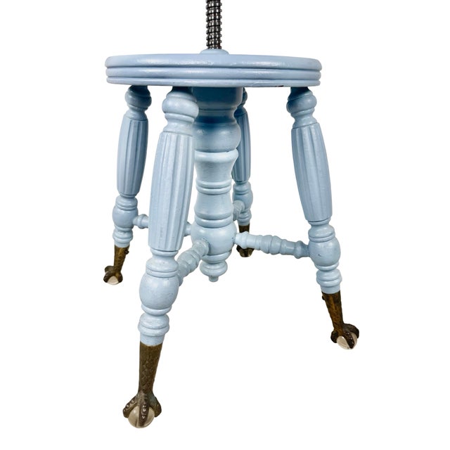 Victorian Adjustable Piano Stool in Powder Blue Paint, Claw & Glass Ball Feet For Sale - Image 4 of 17