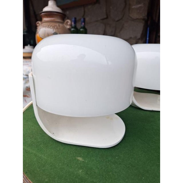 Art Deco Pair of Italian Mid-Century “Mushroom” Table Lamps by Lumi Milano – Opaline Glass & Metal, C. 1950s. For Sale - Image 3 of 7