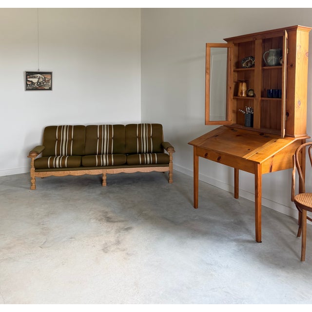 Scalloped Carved Turned Danish Oak Henning Kjærnulf Style Sofa Couch Olive Wool For Sale - Image 9 of 16