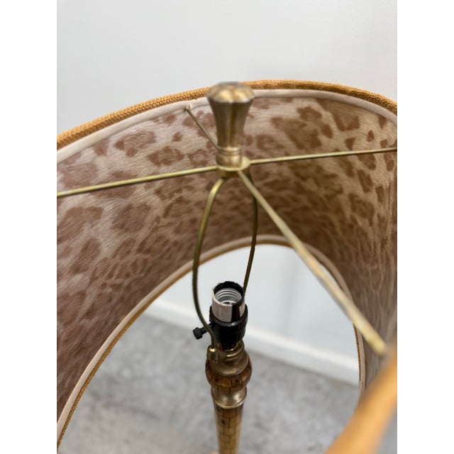 Wood Vintage Mid-Century Carved Wood & Brass Table Lamps - Pair With Original Shades For Sale - Image 7 of 10