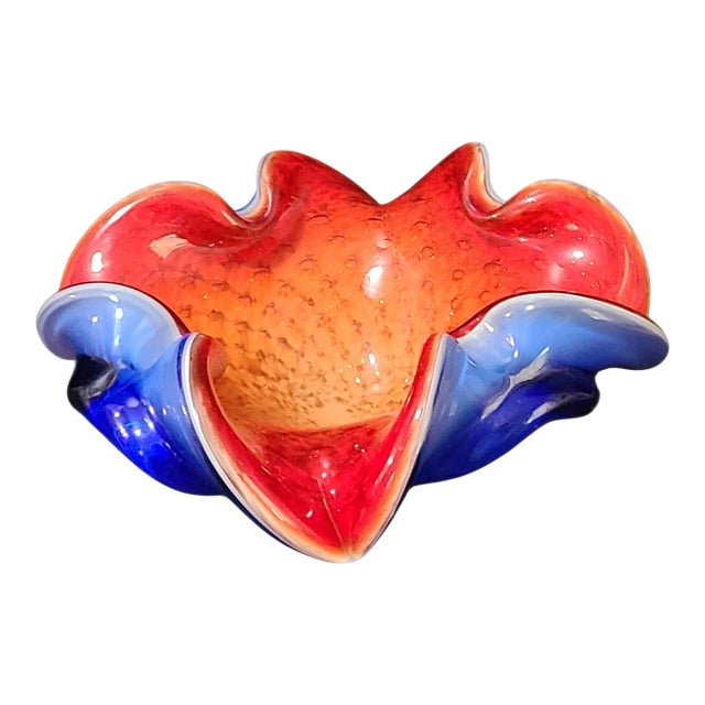 Vintage Attributed Murano Art Glass Red & Blue Trinket Candy Dish Bowl For Sale