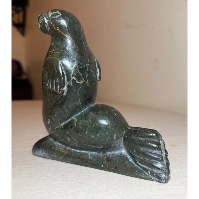 Antique Carved Green Stone Soapstone Canadian Seal Eskimo Sculpture Inuit For Sale - Image 4 of 12