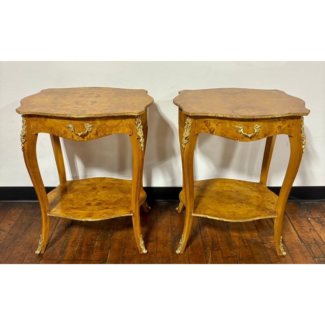 French Louis XV Style Burled Wood Side Tables, Nightstands or Gueridons - A Pair For Sale - Image 13 of 13