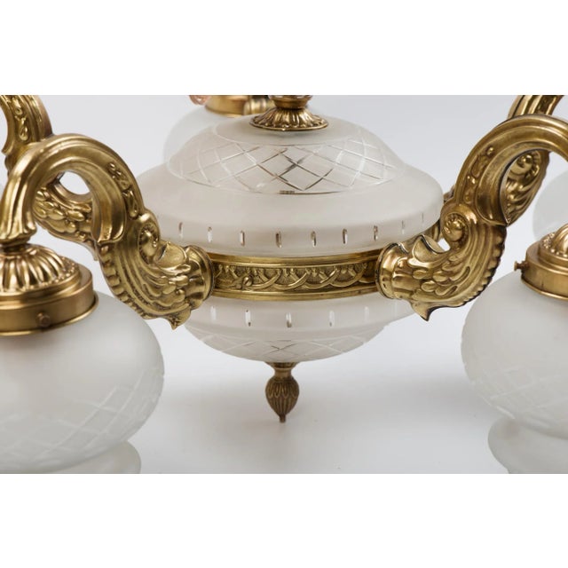 Metal 1950s Large Brass 5 Branch 7-Light Chandelier With Center Shade and Frosted Cut Glass Shades For Sale - Image 7 of 13