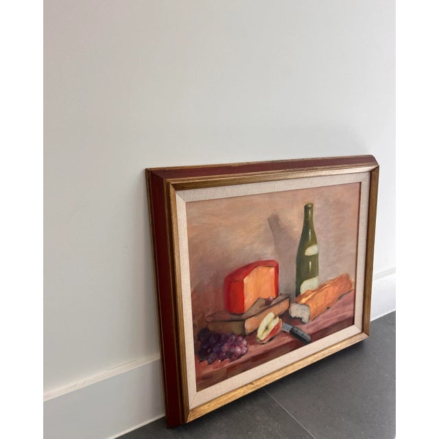 Vintage Mid Century Original Oil Painting of Wine and Cheese Board For Sale - Image 4 of 9