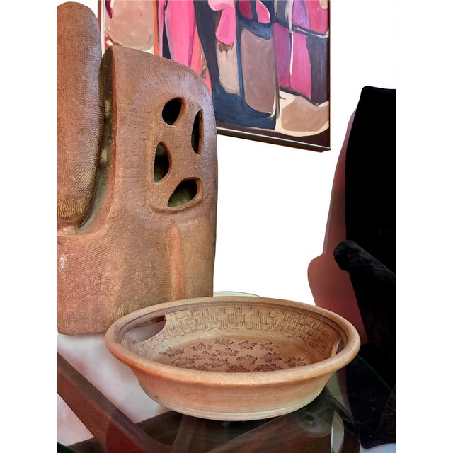 Ceramic Signed Large Ceramic Sculptural Leaf Art Studio Pottery Bowl With Handles / 1970s Modernist Decorative Fruit Bowl Plate For Sale - Image 7 of 10