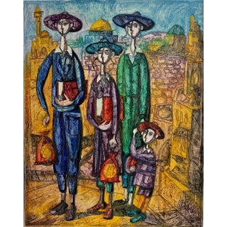Jossi Stern, Jerusalem Hasidic Family Oil Painting Israeli Judaica Yossi Stern Bezalel School For Sale