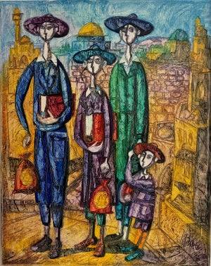 Jossi Stern, Jerusalem Hasidic Family Oil Painting Israeli Judaica Yossi Stern Bezalel School