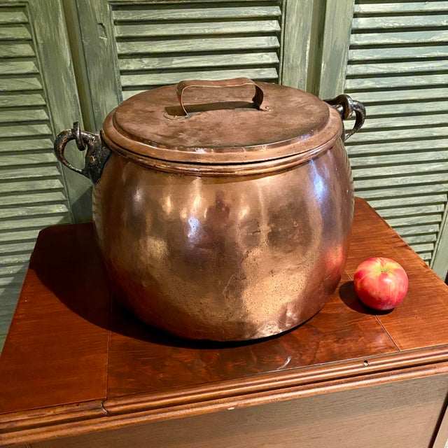Antique Copper Stock Pot Cauldron With Wrought Iron Handle For Sale - Image 4 of 14