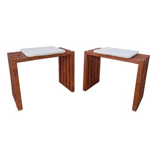 Scandinavian Modern Pine Slatted Benches With Shearling Cushions - A Pair For Sale