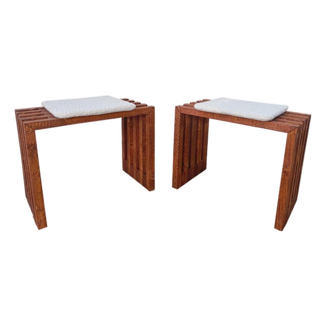 Scandinavian Modern Pine Slatted Benches With Shearling Cushions - A Pair For Sale