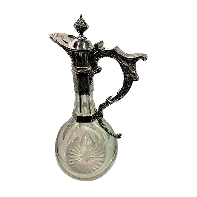 Antique Cut Glass Bottle with Handle & Silver Cap For Sale