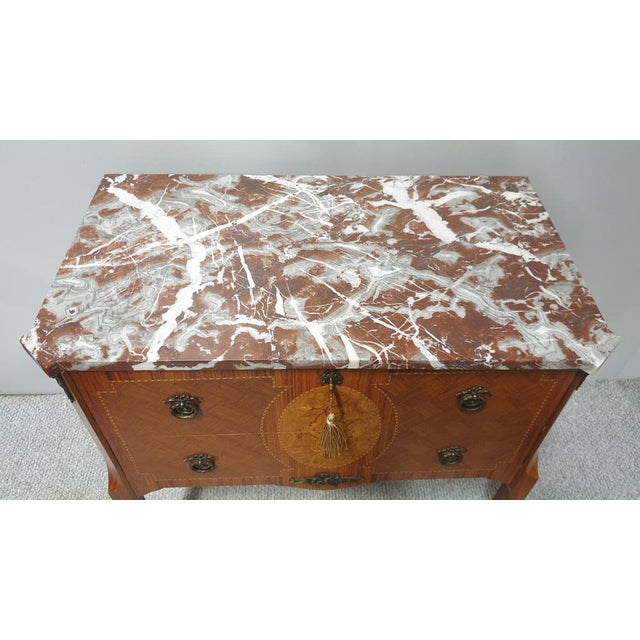 Brown French Marquetry Commode with Marble For Sale - Image 8 of 9