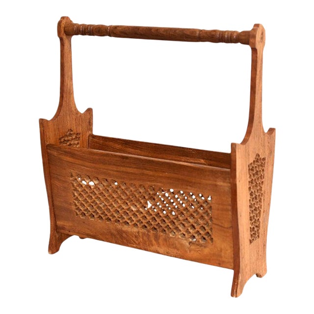 Vintage Carved Teak Wood Magazine Rack For Sale