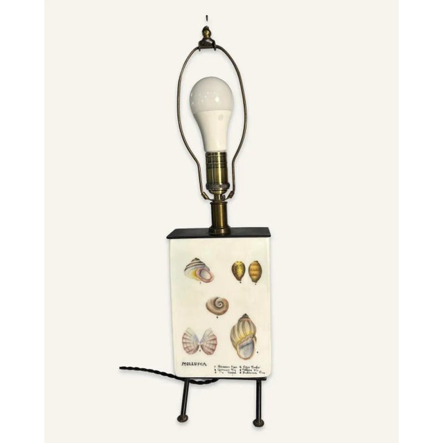 Mid century modern ceramic upright rectangular box style table lamp with shell decoration. This lamp features traditional...