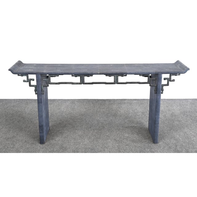 A handsome blue-grey faux shagreen and verdigris bronze finish Asian-style altar table or console table made by Maitland...
