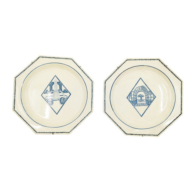 Art Deco Blue and Ivory Ceramic Plates from Atelier Primavera, 1930s, Set of 2 For Sale
