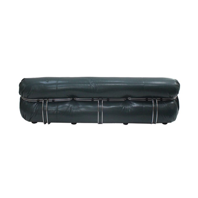 Three-seater “Soriana” sofa designed by Tobia Scarpa for Cassina, Italy, 1960s. Green eco-leather upholstery with...