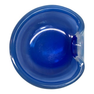 Mid-20th Century Modern Cobalt & Opaline Murano Cased Art Glass Biomorphic Bowl For Sale