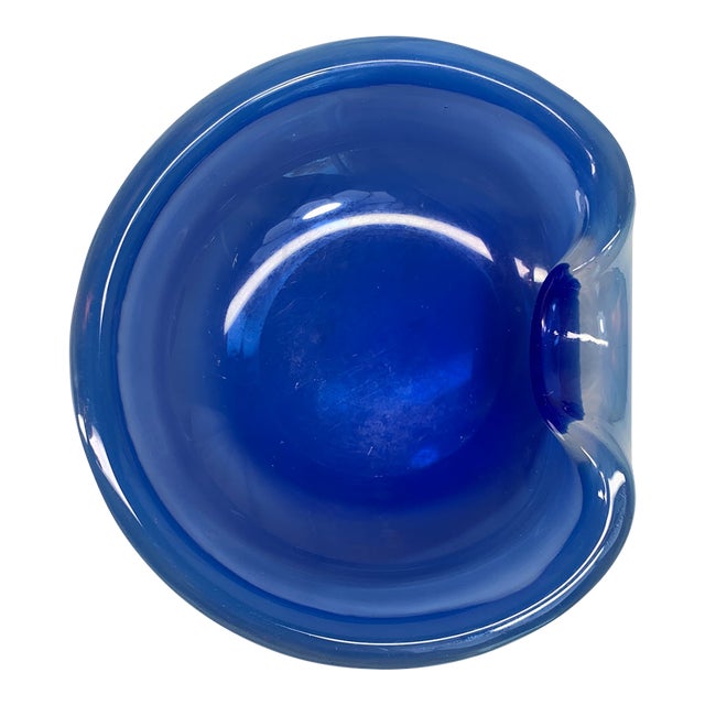 Mid-20th Century Modern Cobalt & Opaline Murano Cased Art Glass Biomorphic Bowl For Sale