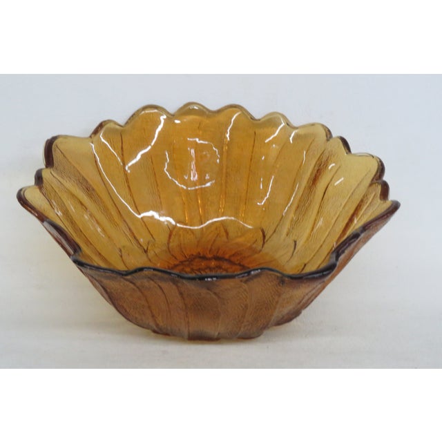 Figurative Indiana Glass Co Amber Carnival Glass Sunflower Bowl Scalloped Petal Rim 5017b For Sale - Image 3 of 11