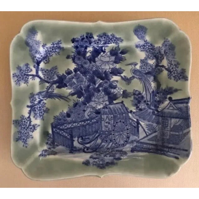 Japanese Japanese Platter, Sometsuke-Seiji Blue Patterned With Celadon For Sale - Image 3 of 3