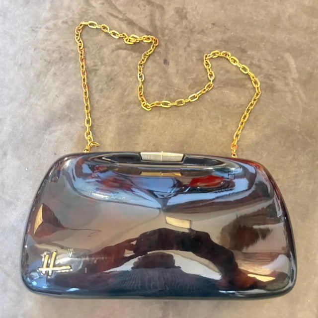 1940s Dark Faux Tortoiseshell Bakelite and Brass Italian Evening Bag For Sale - Image 14 of 14