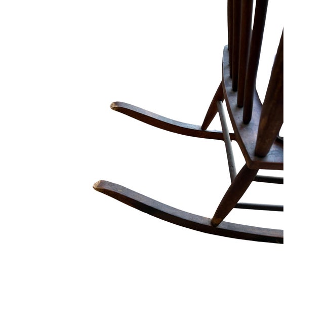 Brown Antique American Country Wood Spindle Back Rocking Chair With Blue Toile Cushion For Sale - Image 8 of 11