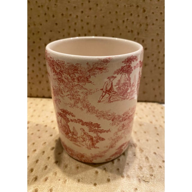 1980s Vintage Labrazel 3 Piece Toile Bath Set in Red Toile, Made in Italy, Includes Cup, Soap Dispenser and Cotton Jar For Sale - Image 5 of 9
