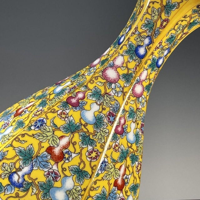 Wood Chinese Yellow Ground Famille Rose Porcelain Hexagonal Vase With Gourd Motif For Sale - Image 7 of 9