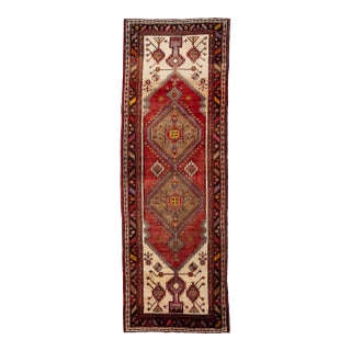Vintage Caucasian Kazak Wool Runner Rug With Double Diamond Medallion in Crimson & Ivory For Sale