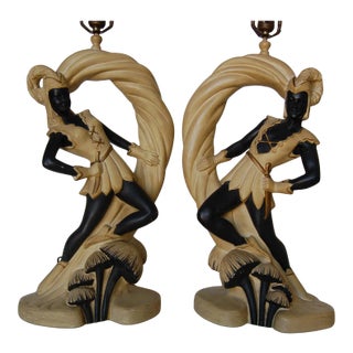 Saxon Crusader Robin Hood Chalkware Sculpture Continental Table Lamp, Pair For Sale